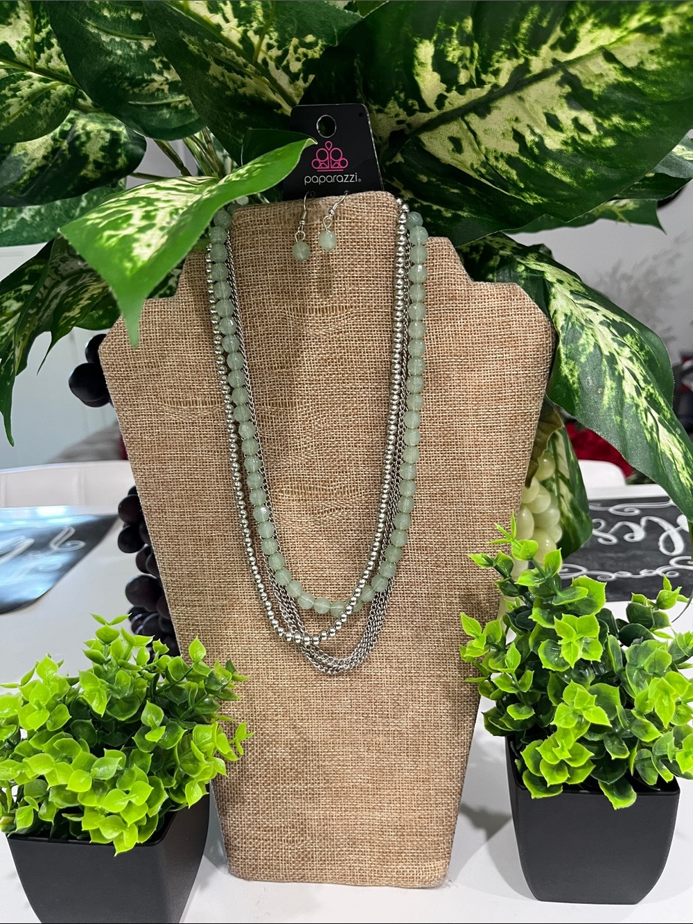 paparazzi Mint Layered Beaded and Chain Necklace with Matching Drops